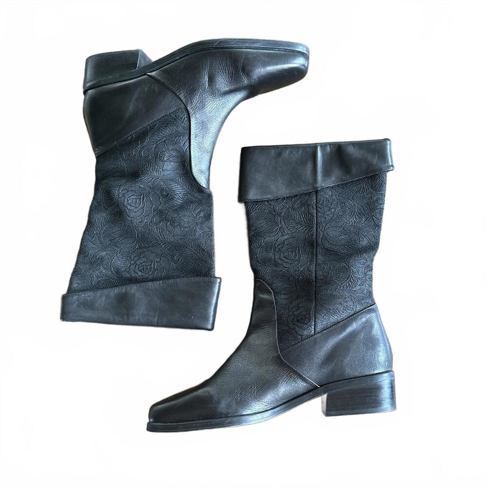 MARKON 'Suela' Black Floral Leather Fold Over Chunky Square Toe Boots - SIZE 9